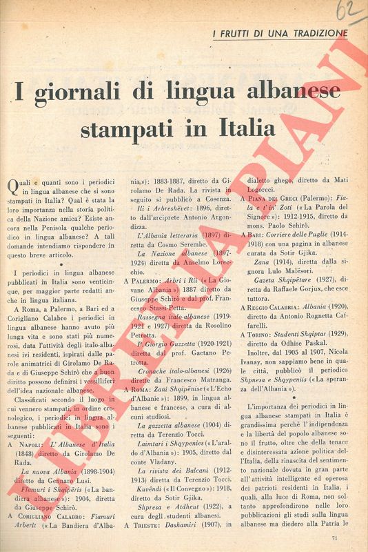 SPINETTI Silvano G. - - I giornali di lingua albanese stampati in Italia.