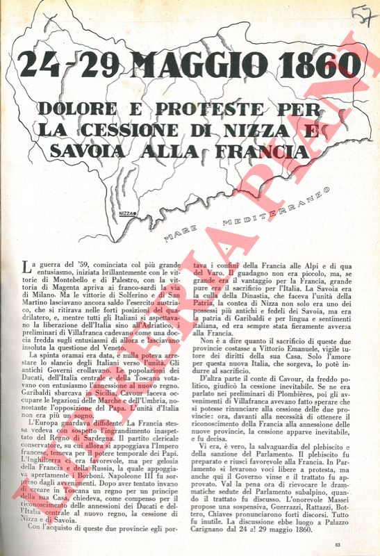 PIZZAGALLI A.M. - - 24-29 maggio 1860. Dolore e proteste per la cessione di Nizza e Savoia alla Francia.