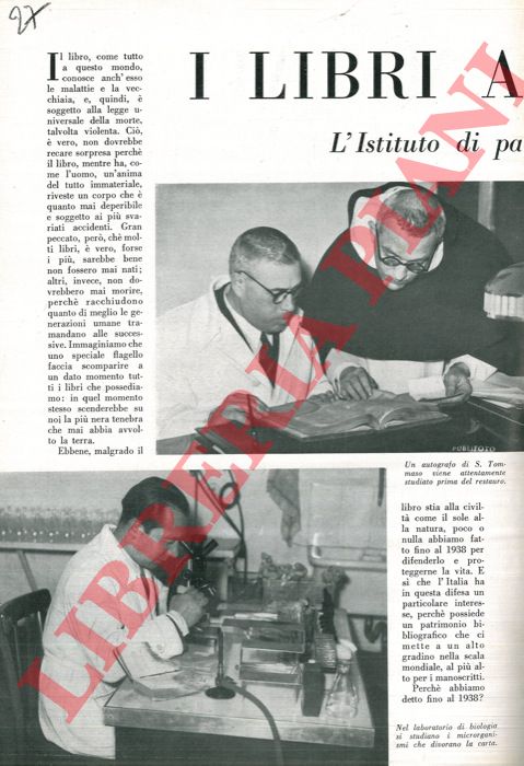 CERQUIGLINI Ottorino - - I libri ammalati. L'Istituto di Patologia del Libro.