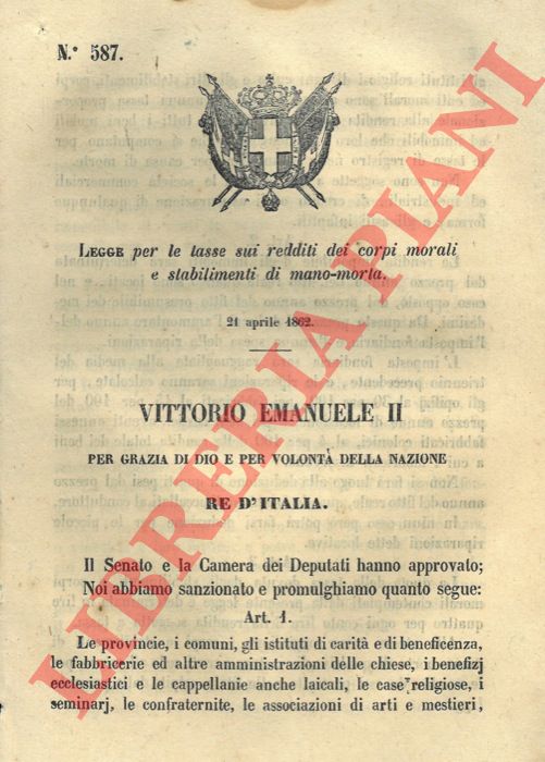 Legge - per le tasse sui redditi dei corpi morali e stabilimenti di mano-morta.