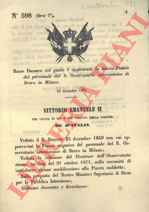 Regio Decreto - col quale  approvata la nuova Pianta del personale del R. Osservatorio Astronomico di Brera in Milano.
