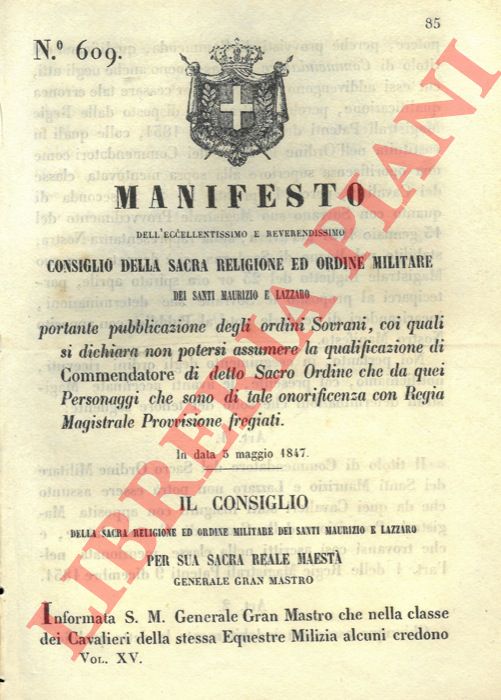 Manifesto dell'Eccellentissimo e Reverendissimo Consiglio della Sacra religione e ordine militare - relativo alla nomina di Commendatore del Sacro Ordine Militare dei Santi Maurizio e Lazzaro.