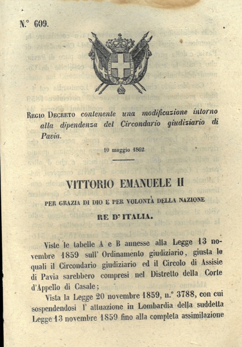 Regio Decreto - contenente una modificazione intorno alla dipendeza del Circandario di Pavia.