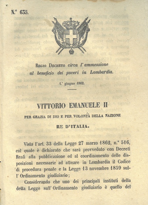 Regio Decreto - circa l'ammissione al beneficio dei poveri in Lombardia.