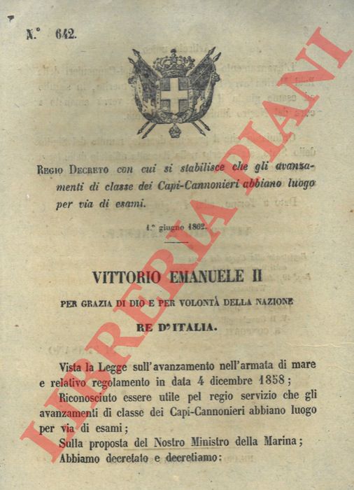 Regio Decreto - che stabilisce esami per gli avanzamenti di classe dei Capi-cannonieri.