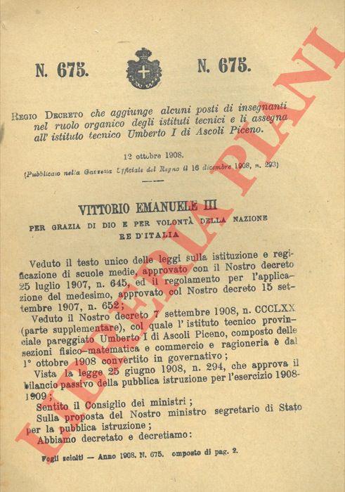 Regio Decreto - che aggiunge alcuni posti di insegnanti nel ruolo organico degli istituti tecnici e li assegna all'istituto tecnico Umberto I di Ascoli Piceno.