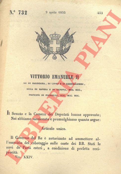 Regio Decreto - con cui il governo del Re autorizza le navi estere al cabotaggio sulle coste del regno.