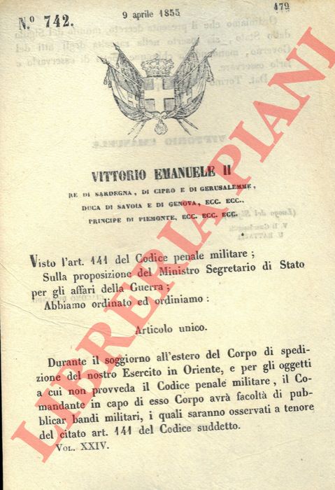 Regio Decreto - con cui si autorizza il comandante dell'esercito in Oriente alla pubblicazione dei bandi militari.