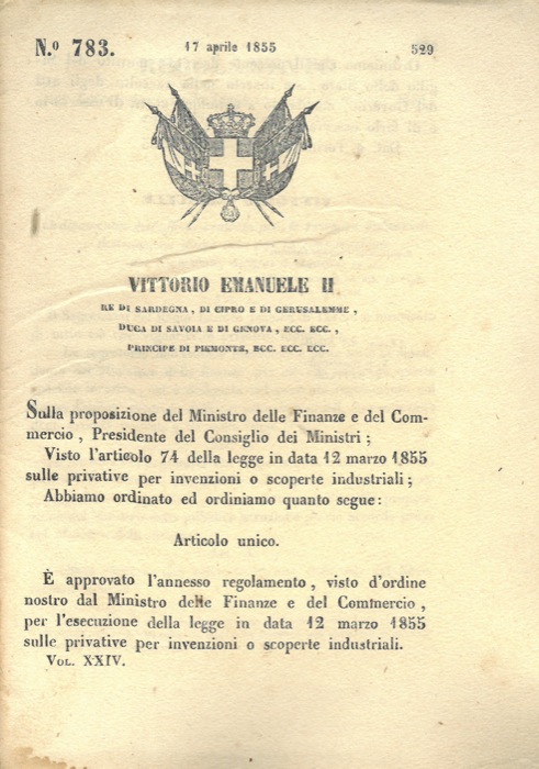 Regio Decreto - con cui si approva il regolamento per l'esecuzione della legge del 12 Marzo del 1855 sulle provative per invenzioni o scoperte industriali.