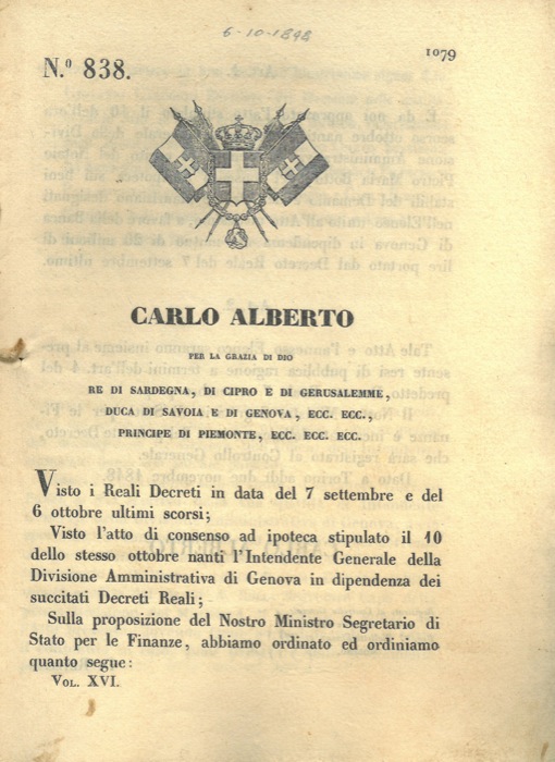 Regio Decreto - con cui si d il consenso ad ipoteca sui beni del demanio a favore della Banca di Genova.