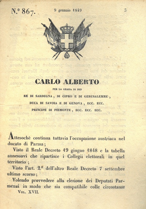 Regio Decreto - con cui si decide la data per la convocazione dei collegi elettorali di Parma.