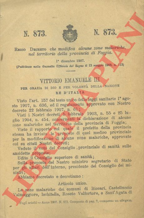 Regio Decreto - che modifica alcune zone malariche, nel territorio della provincia di Foggia.
