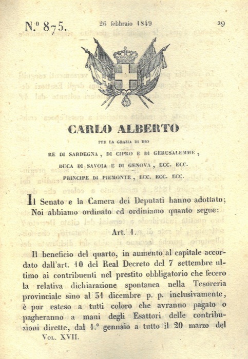Regio Decreto - con cui si decidono le regole relative alle rendite corrispondenti ai versamenti eseguiti dioi il 31 Dicembre 1849.