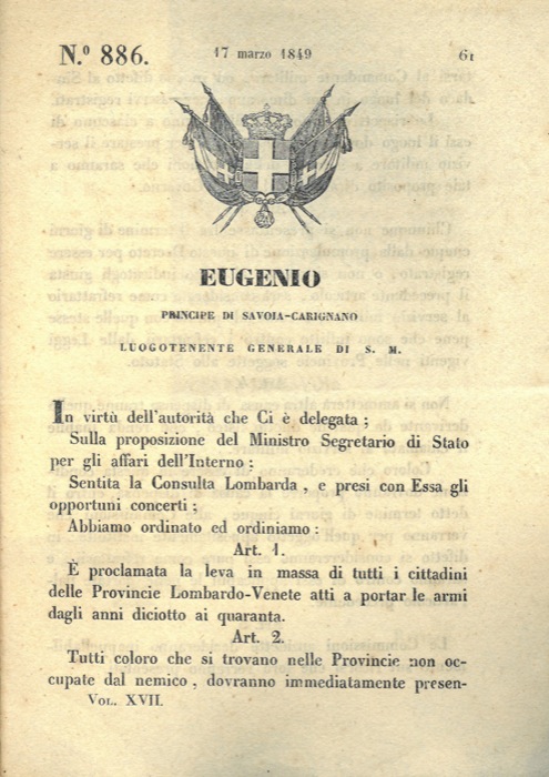 Regio Decreto - con cui si proclama la leva in massa di tutti i cittadini delle provincie Lombardo-Venete dai diciotto ai quarant'anni.