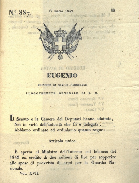 Regio Decreto - con cui si decide l'apertura di un credito di due milioni di lire sul bilancio del 1849 per la provvista di armi per la Guardia nazionale.