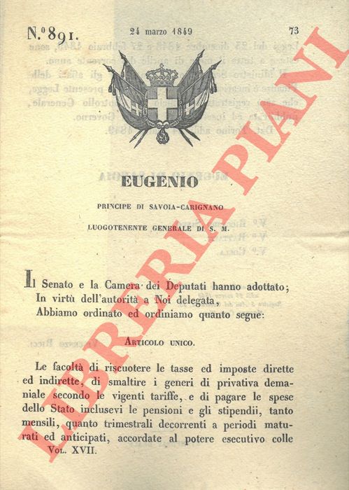 Regio Decreto - con cui si proroga la data utile alla riscossione delle tasse e imposte dirette o indirette.