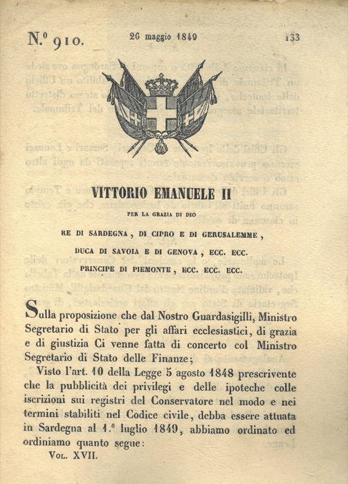 Regio Decreto - con cui si decide che in ciascuna delle citta' della Sardegna venga stabilito un Ufficio delle Ipoteche.