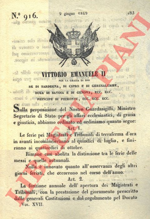 Regio Decreto - con cui si stabilisce la modalit delle ferie per Magistrati e Tribunali.