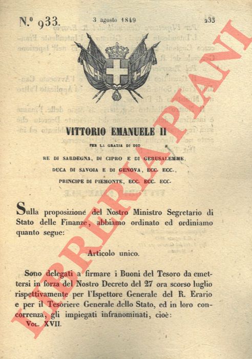 Regio Decreto - con cui si delegano l'ispettore generale e il tesoriere a firmare i buoni del tesoro.