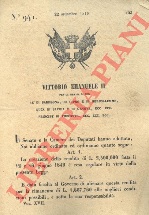 Regio Decreto - con cui si d facolt al governo di alienare la rendita di 2.500.000 alle migliori condizioni possibili.