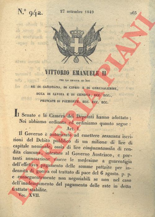 Regio Decreto - con cui si autorizza il governo all'emissione di sessanta iscrizioni del debito pubblico intestate al governo austriaco.