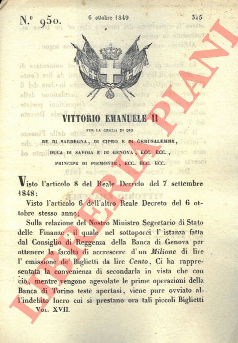 Regio Decreto - con cui si autorizza la Banca di Genova all'aumento di un milione di Lire sull'emissione dei biglietti da cento lire.