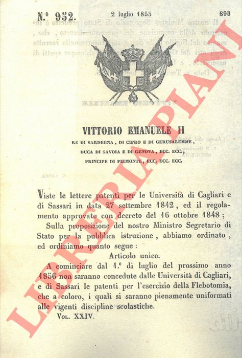 Regio Decreto - con cui si stabilisce che l'introduzione o estrazione delle merci nate o lavorate nel stati regii del continente o in Sardegna potr avere luogo in tutte le dogane composte almeno di due impiegati del servizio sedentario.