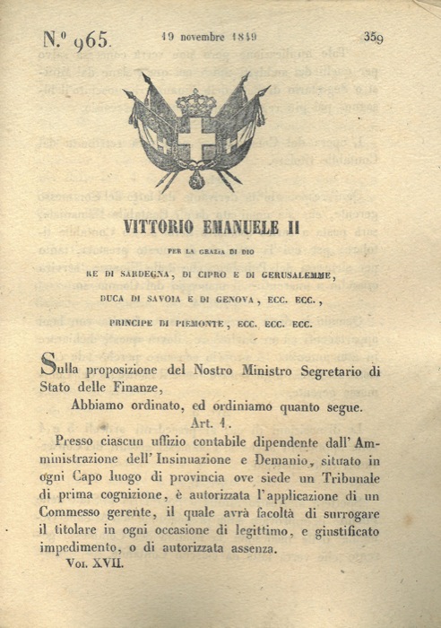 Regio Decreto - con cui si autorizza l'applicazione di un commesso gerente presso ciascun ufficio contabile dipendente dell'Amministrazione dell'Insinuazione e Demanio.