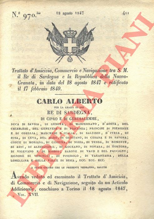 Regio Decreto - con cui si eroga il trattato di amicizia, commercio e navigazione tra il Re di Sardegna e la Repubblica della Nuova Granata.