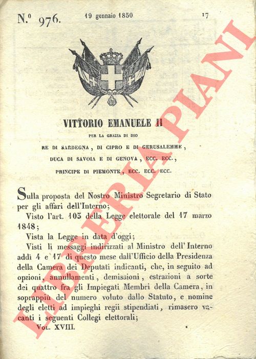 Regio Decreto - con cui si convocano alcuni collegi elettorali del Piemonte per l'elezione del loro nuovo deputato.