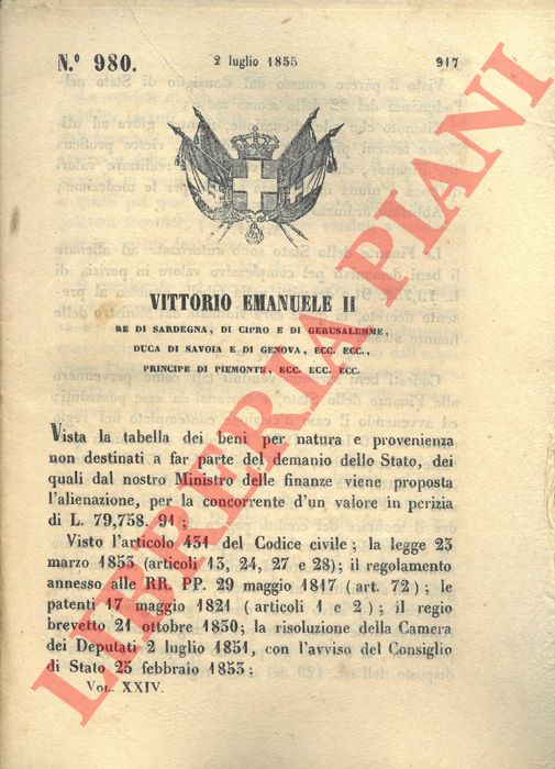 Regio Decreto - con cui si autorizzano le Finanze dello Stato all'alienazione dei beni demaniali descritti nella tabella annessa al presente decreto.