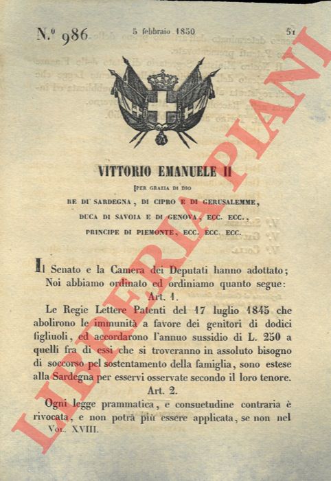 Regio Decreto - con cui si estendono le Regie Lettere Patenti per l'abolizione dell'immunit a favore dei genitori di 12 figli alla Sardegna.