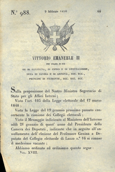 Regio Decreto - con cui si convoca il collegio elettorale di Lanzo per l'elezione del nuovo deputato.