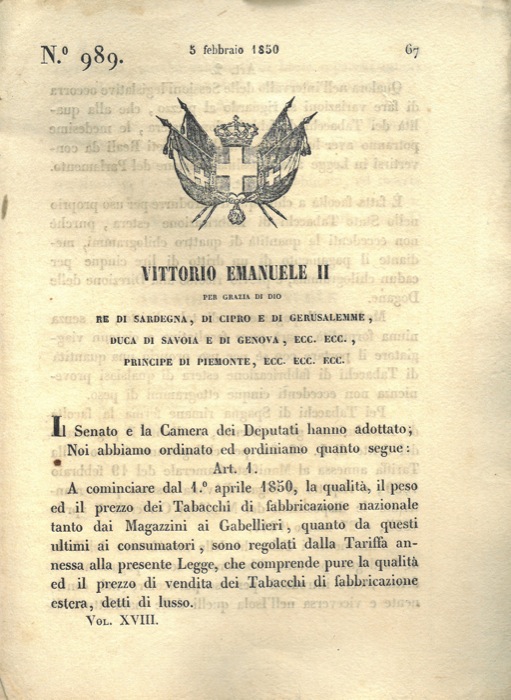 Regio Decreto - con cui si erogano le disposizioni sul commercio dei tabacchi.