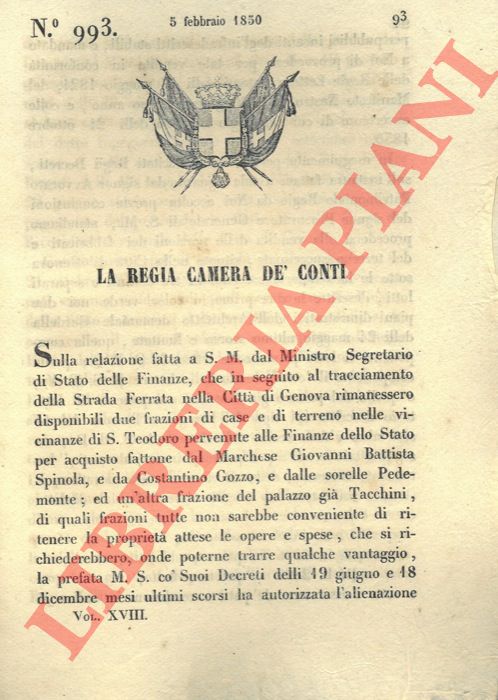 Regio Decreto - con cui la Regia Camera dei Conti decide della vendita di porzioni dei fabbricati situati nella citt di Genova.