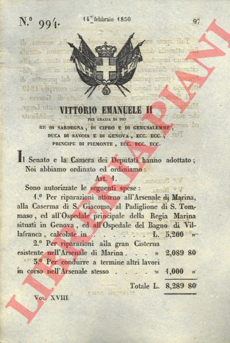 Regio Decreto - con cui si autorizzano alcune maggiori spese per migliorie da apportare all'Arsenale della Marina, alla Caserma e all'Ospedale di Genova.