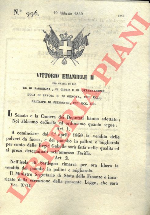 Regio Decreto - con cui si decide che in Sardegna la vendita del piombo a pallini rimarr libera.