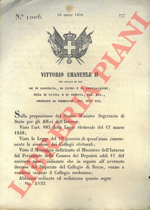 Pregone di S.E. - con il quale si pubblica il Regio Editto per il richiamo al Regio Demanio degli uffici di Insinuazione.