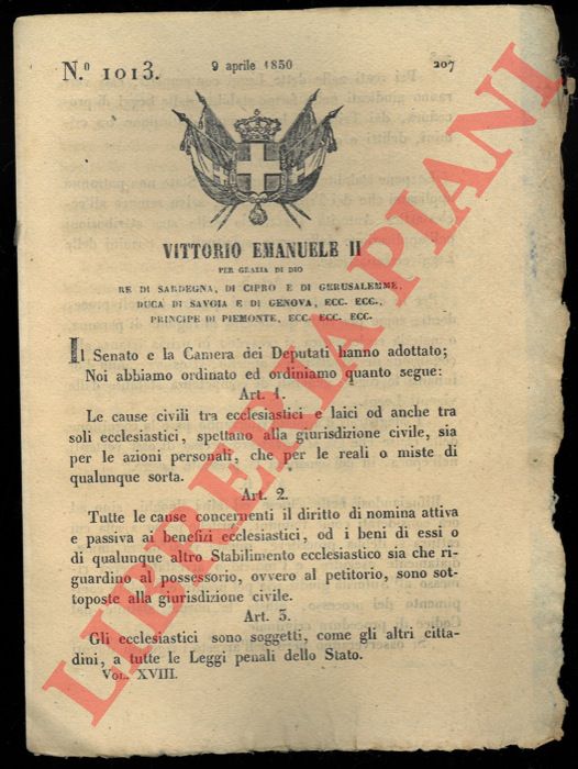 Regio Decreto - con cui si decide che le cause civili tra ecclesiastici e laici o tra soli eccelsiastici spettano alla giurisdizione civile.