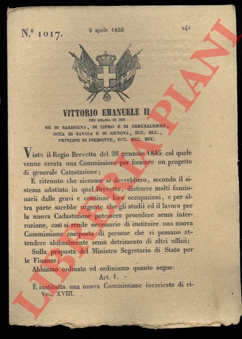 Regio Decreto - con cui si istituisce una commissione  che continui i lavori intrapresi per il sistema generale del Catasto.