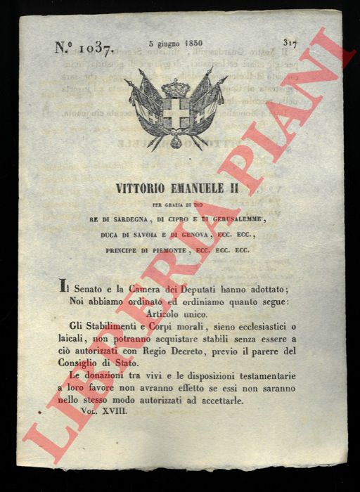 Pregone di S.E. - con il quale si pubblica la Carta Reale con il quale il sovrano concede la propriet della Palude tra il villaggio di Ollasta Simaxis e Santo Vero Congius al Marchese d'Arcais.