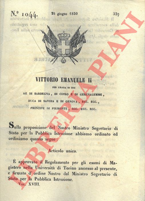 Regio Decreto - con cui si approva il regolamento per gli esami di Magistero presso l'Universit di Torino.