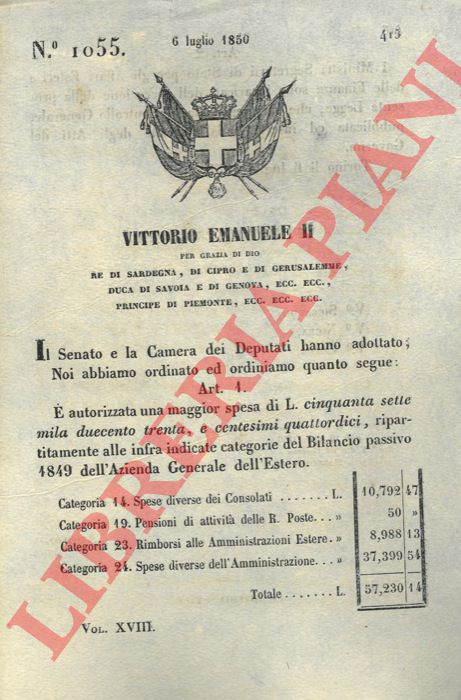 Regio Decreto - con cui si autorizza una spesa maggiore per le categorie indicate dal Bilancio passivo del 1849 dell'Azienda generale dell'estero.