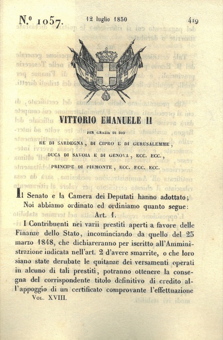 Regio Decreto - con cui si stabilisce che i contribuenti nei vari prestiti che dichiareranno lo smarrimento delle ricevute dei versamenti potranno ricevere il corrispondente del titolo definitivo di credito che comprovi l'effettuato pagamento.