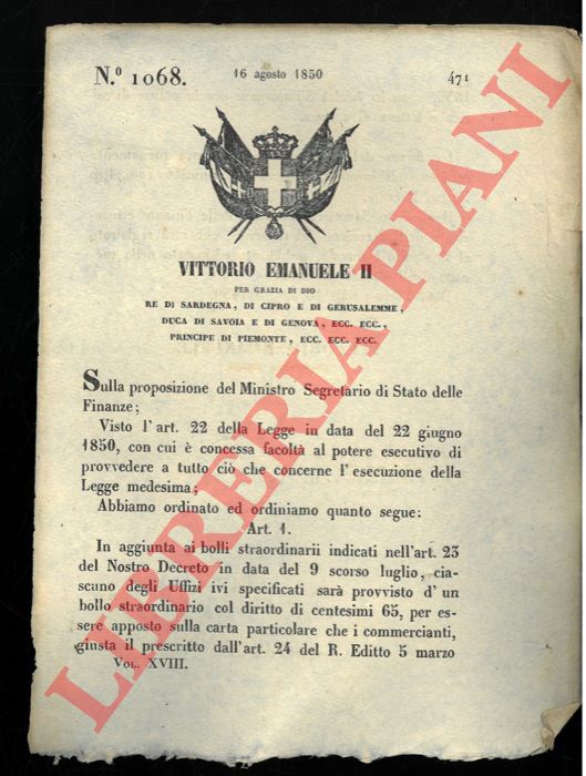 Regio Decreto - con cui si stabilisce l'aggiunta di un bolo straordinario da apporre sulla carta per le piazze di carico e lettere di vettura.