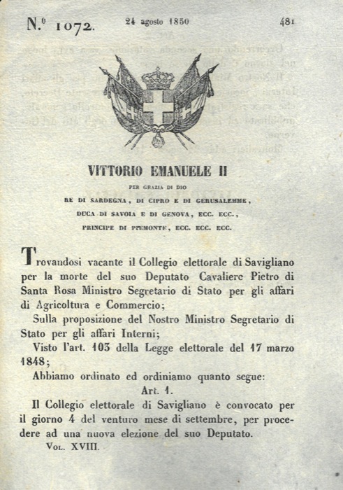 Regio Decreto - con cui si convoca il collegio elettorale di Savigliano per l'elezione del nuovo deputato.