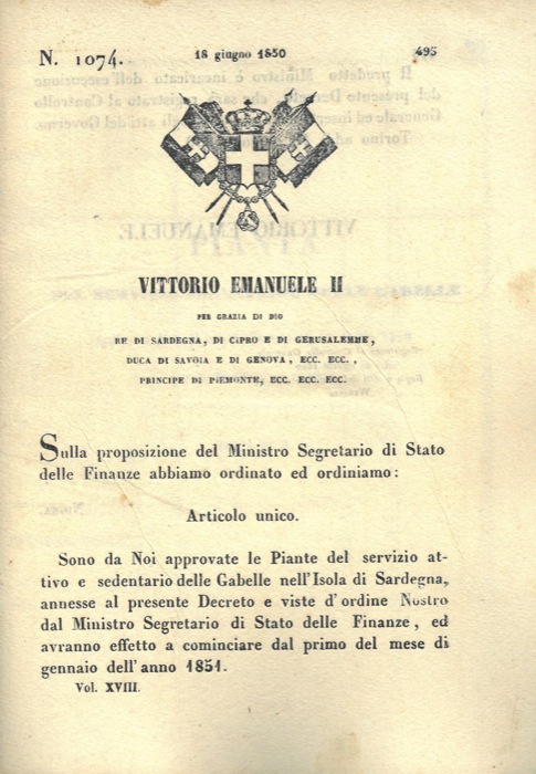 Regio Decreto - con cui si approvano le piante del servizio attivo e sedentario delle Gabelle in Sardegna.