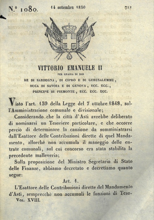 Regio Decreto - con cui si decide che l'Esattore delle contribuzioni dovr somministrare la malleveria o in beni stabili e in rendite.