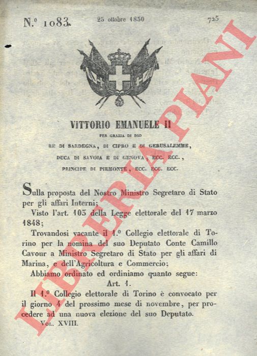 Regio Decreto - con cui si convoca il Collegio elettorale di Torino per le'elezione del nuovo deputato.