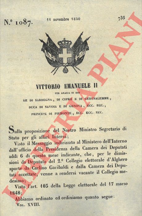 Regio Decreto - con cui si convoca il collegio elettorale di Alghero per l'elezione del nuovo deputato.